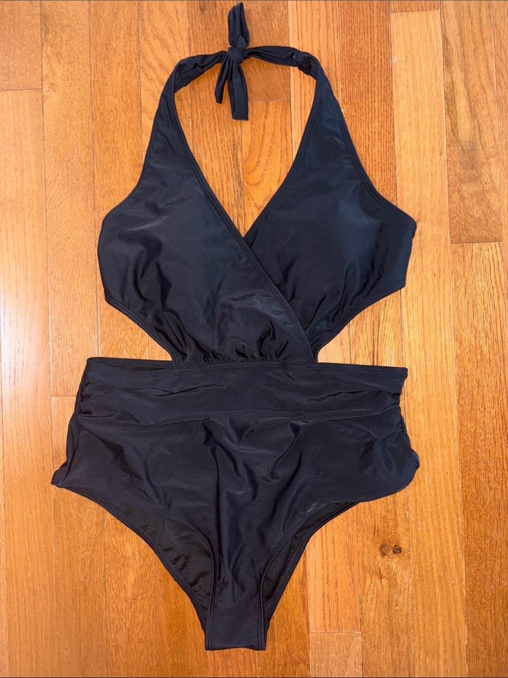 Black One-Piece Swimsuit Cut Out Halter Size Large